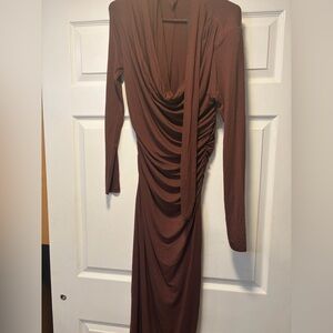REVOLVE Long Sleeve Brown Draped Dress